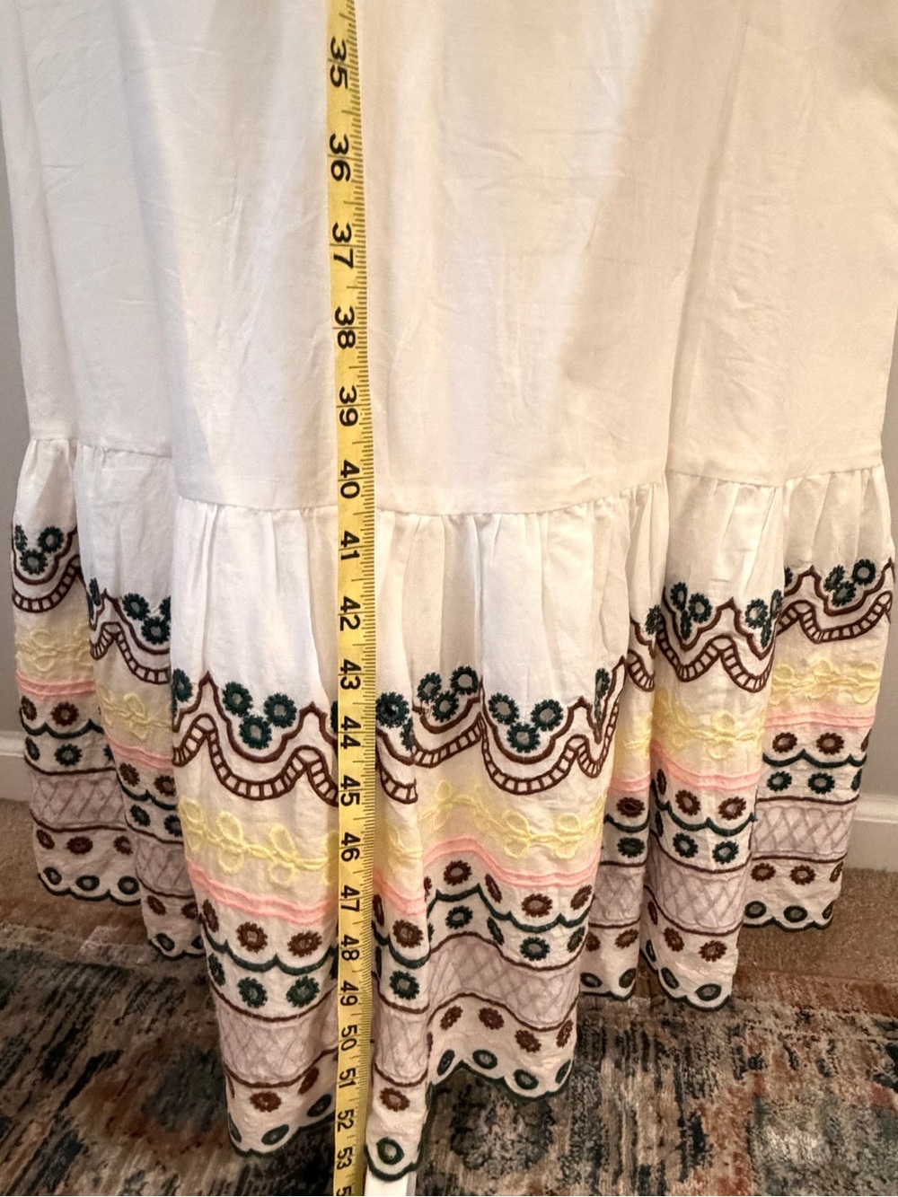 Boheme White Maxi Dress. Eyelet Embroidery and Blush/Yellow Trim - Picture 14 of 16